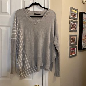 Like New, Asymmetrical, Striped, Taupe Doe & Rae V-Neck Sweater - Size Small